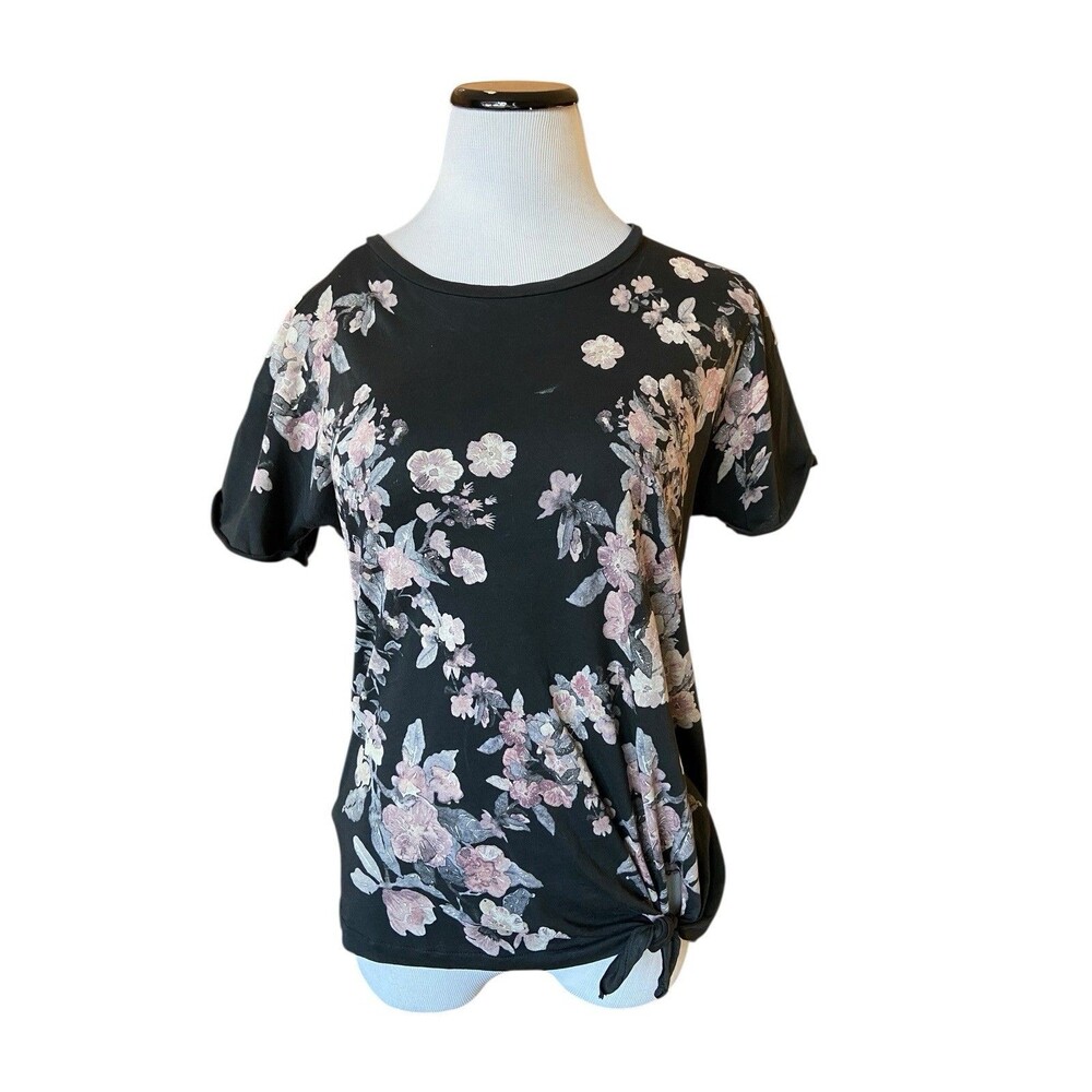 AllSaints Womens Floral‎ T-Shirt Size XS Black Posie Heny Knot Hem Indie Grunge